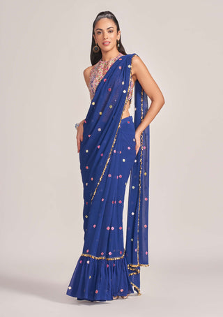 Tamanna Punjabi Kapoor-Royal Blue Ruffle Draped Sari And Blouse-INDIASPOPUP.COM
