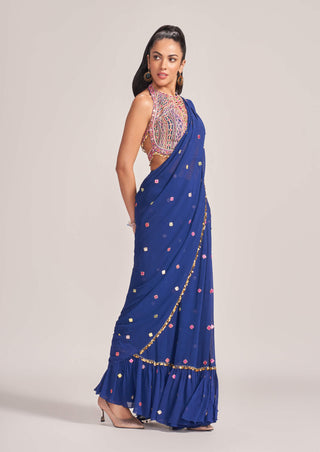 Tamanna Punjabi Kapoor-Royal Blue Ruffle Draped Sari And Blouse-INDIASPOPUP.COM