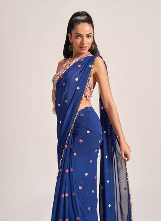 Tamanna Punjabi Kapoor-Royal Blue Ruffle Draped Sari And Blouse-INDIASPOPUP.COM