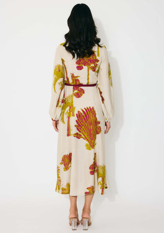 Beige, mustard and hot pink floral shirt dress