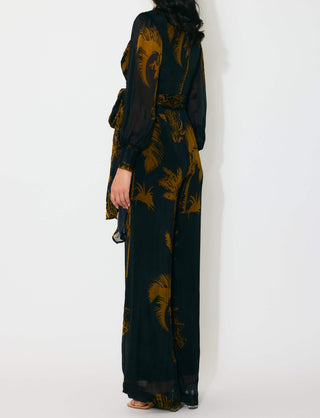 Black and gold floral wrap jumpsuit