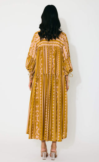 Mustard and peach pattern midi dress
