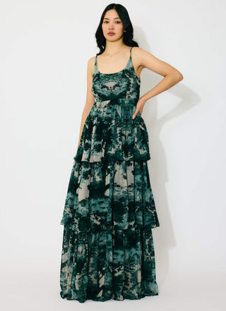 Dark green, mint and beige toil print long dress