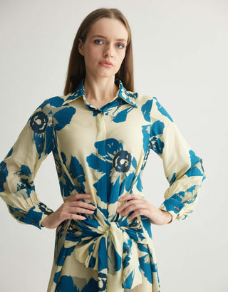 White blue floral wrap shirt dress