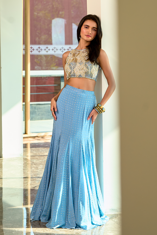 Eva Gray Blue Lehenga Set by Chamee And Palak, available on Indiaspopup.com