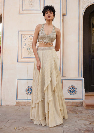 Beige Champagne Embroidered Top And Frill Skirt by Osaa By Adarsh, available on Indiaspopup.com