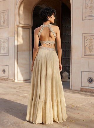 Beige Champagne Embroidered Top And Frill Skirt by Osaa By Adarsh, available on Indiaspopup.com