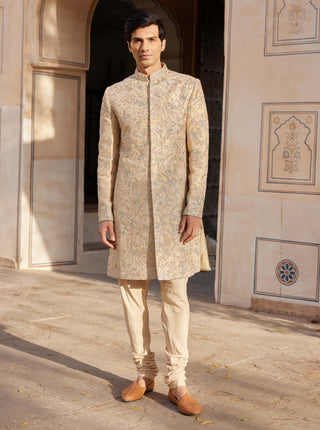 Beige Champagne Embroidered Sherwani Set by Osaa By Adarsh Men, available on Indiaspopup.com