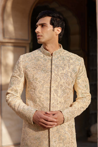 Beige Champagne Embroidered Sherwani Set by Osaa By Adarsh Men, available on Indiaspopup.com