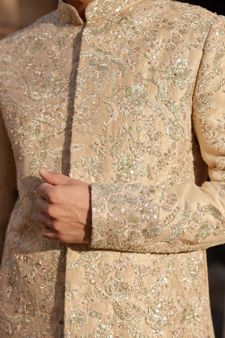 Beige Champagne Embroidered Sherwani Set by Osaa By Adarsh Men, available on Indiaspopup.com