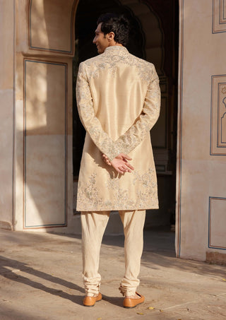 Beige Champagne Embroidered Sherwani Set by Osaa By Adarsh Men, available on Indiaspopup.com