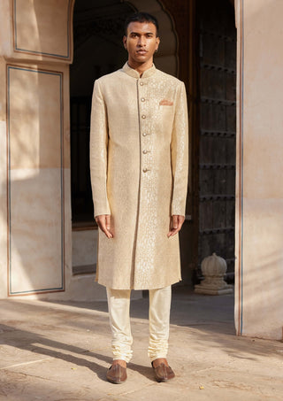 Beige Champagne Brocade Sherwani Set by Osaa By Adarsh Men, available on Indiaspopup.com