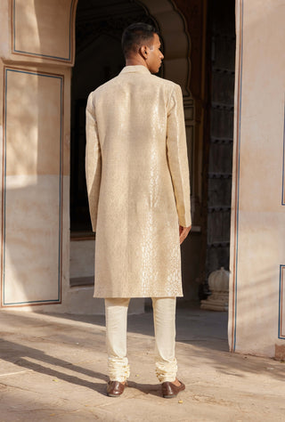 Beige Champagne Brocade Sherwani Set by Osaa By Adarsh Men, available on Indiaspopup.com