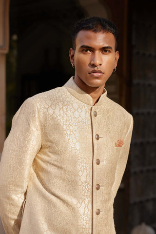 Beige Champagne Brocade Sherwani Set by Osaa By Adarsh Men, available on Indiaspopup.com