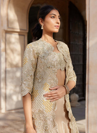 Beige Champagne Embroidered Jacket And Skirt Set by Osaa By Adarsh, available on Indiaspopup.com