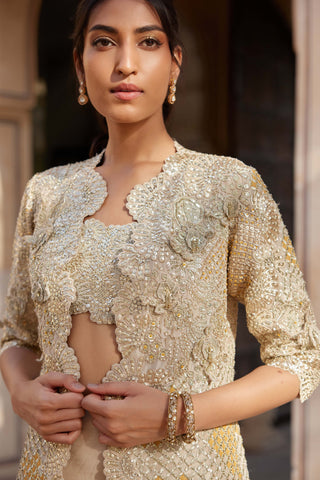 Beige Champagne Embroidered Jacket And Skirt Set by Osaa By Adarsh, available on Indiaspopup.com