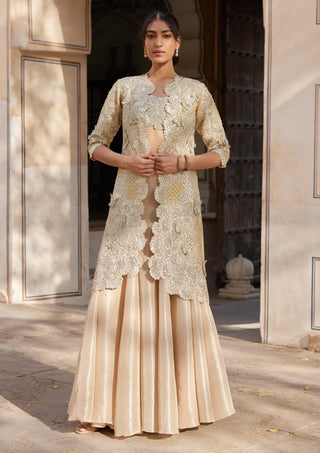 Beige Champagne Embroidered Jacket And Skirt Set by Osaa By Adarsh, available on Indiaspopup.com