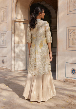 Beige Champagne Embroidered Jacket And Skirt Set by Osaa By Adarsh, available on Indiaspopup.com