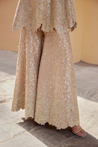 Beige Champagne Embroidered Tunic And Flared Pants by Osaa By Adarsh, available on Indiaspopup.com