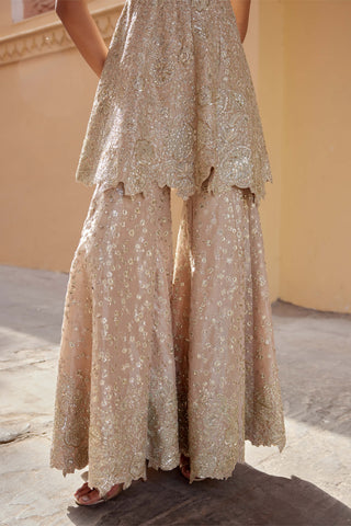 Beige Champagne Embroidered Tunic And Flared Pants by Osaa By Adarsh, available on Indiaspopup.com