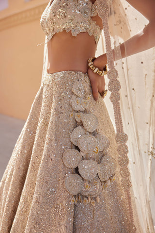 Beige champagne tissue silk lehenga set