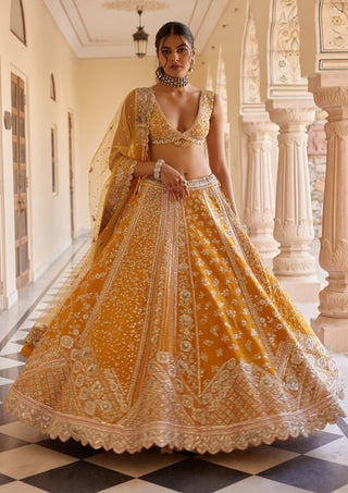 Orange peel raw silk embroidered lehenga set