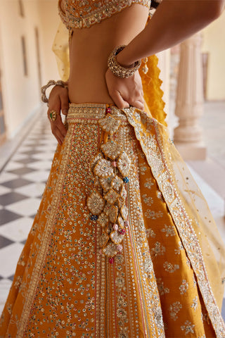 Orange peel raw silk embroidered lehenga set