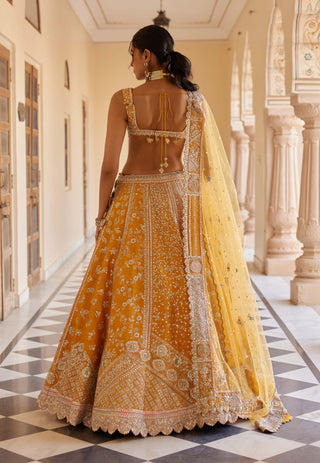 Orange peel raw silk embroidered lehenga set