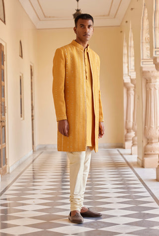 Orange Peel Embroidered Sherwani Set by Osaa By Adarsh Men, available on Indiaspopup.com