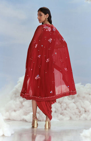 Nachiket Barve-Red Izmir Cape And Draped Skirt-INDIASPOPUP.COM