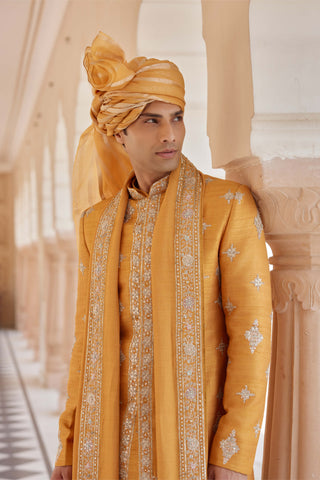 Orange Peel Embroidered Sherwani Set by Osaa By Adarsh Men, available on Indiaspopup.com