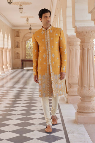 Orange Peel Embroidered Sherwani Set by Osaa By Adarsh Men, available on Indiaspopup.com