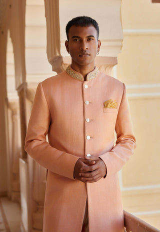 Salmon Peach Embroidered Sherwani Set by Osaa By Adarsh Men, available on Indiaspopup.com