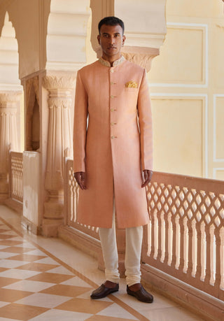 Salmon Peach Embroidered Sherwani Set by Osaa By Adarsh Men, available on Indiaspopup.com