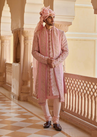 Flamingo Pink Embroidered Sherwani Set by Osaa By Adarsh Men, available on Indiaspopup.com