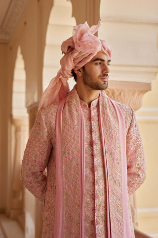 Flamingo Pink Embroidered Sherwani Set by Osaa By Adarsh Men, available on Indiaspopup.com