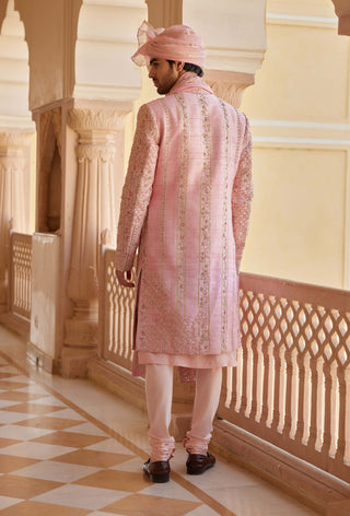 Flamingo Pink Embroidered Sherwani Set by Osaa By Adarsh Men, available on Indiaspopup.com