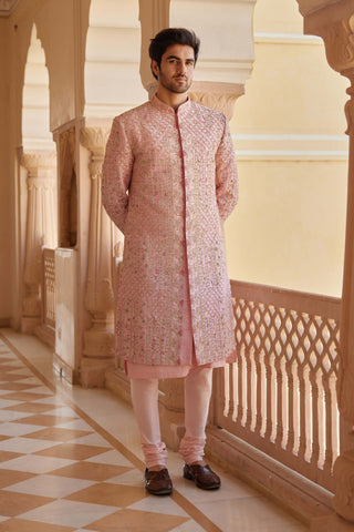 Flamingo Pink Embroidered Sherwani Set by Osaa By Adarsh Men, available on Indiaspopup.com