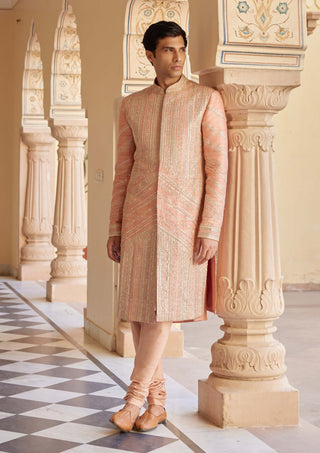 Flamingo Pink Embroidered Sherwani Set by Osaa By Adarsh Men, available on Indiaspopup.com