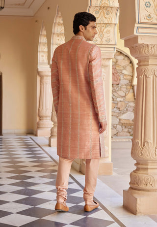 Flamingo Pink Embroidered Sherwani Set by Osaa By Adarsh Men, available on Indiaspopup.com