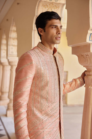 Flamingo Pink Embroidered Sherwani Set by Osaa By Adarsh Men, available on Indiaspopup.com