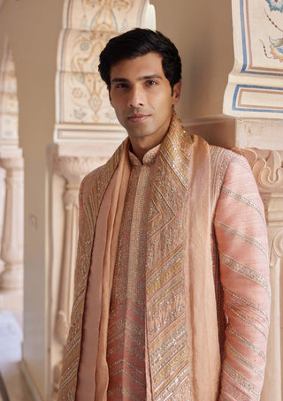 Flamingo Pink Embroidered Sherwani Set by Osaa By Adarsh Men, available on Indiaspopup.com