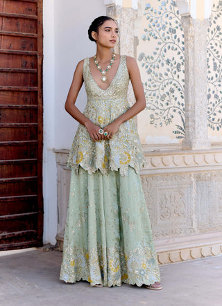Sage satin silk peplum top with garara