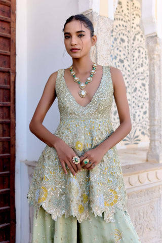Sage satin silk peplum top with garara