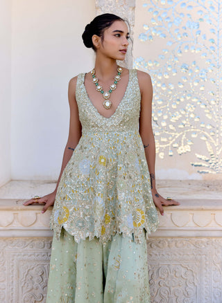 Sage satin silk peplum top with garara