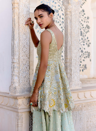 Sage satin silk peplum top with garara