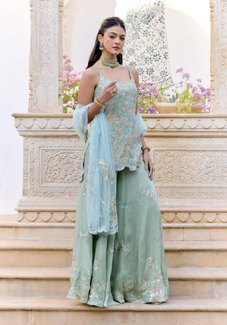 Sage satin silk kurta and sharara set