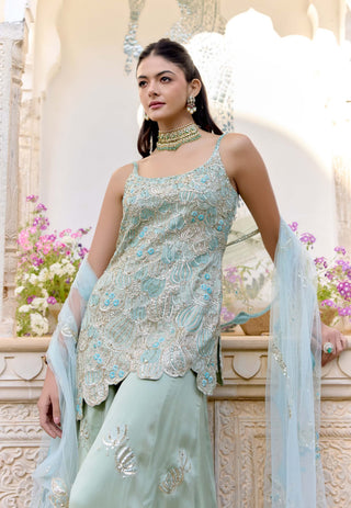 Sage satin silk kurta and sharara set