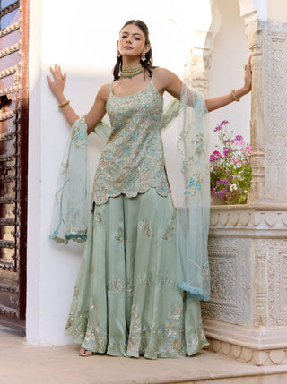 Sage satin silk kurta and sharara set