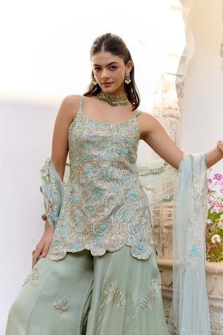 Sage satin silk kurta and sharara set